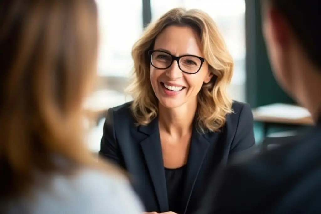 Female lawyer talking glasses office