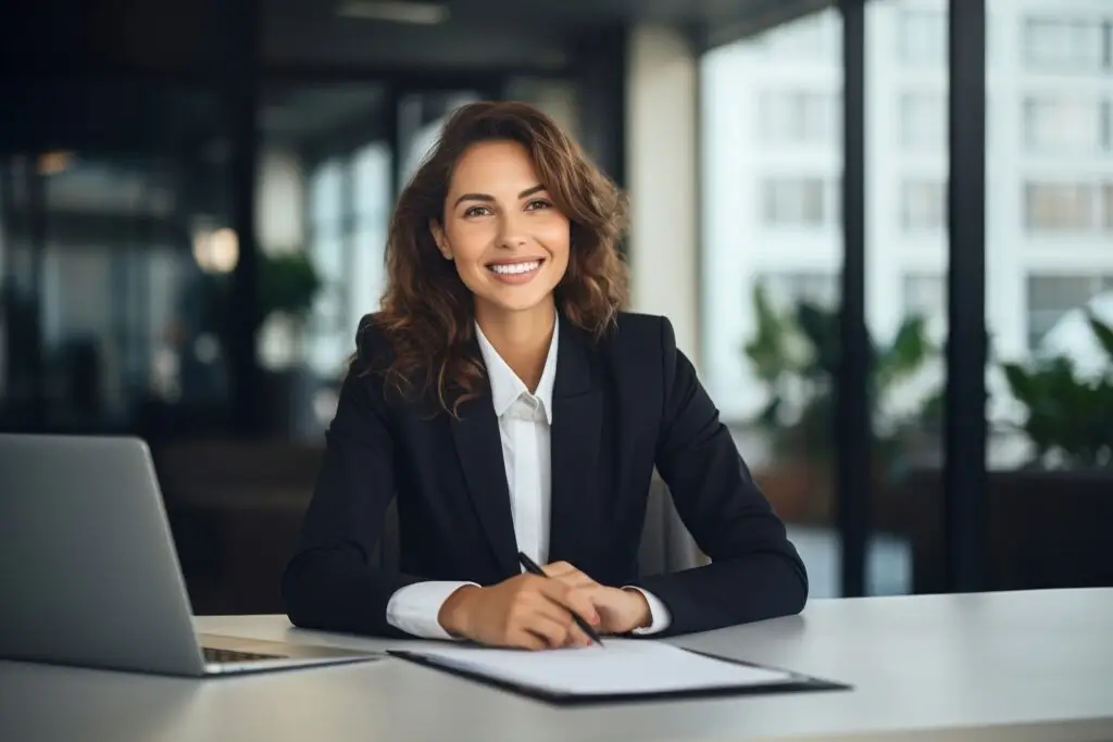 Woman wearing suit computer writing laptop